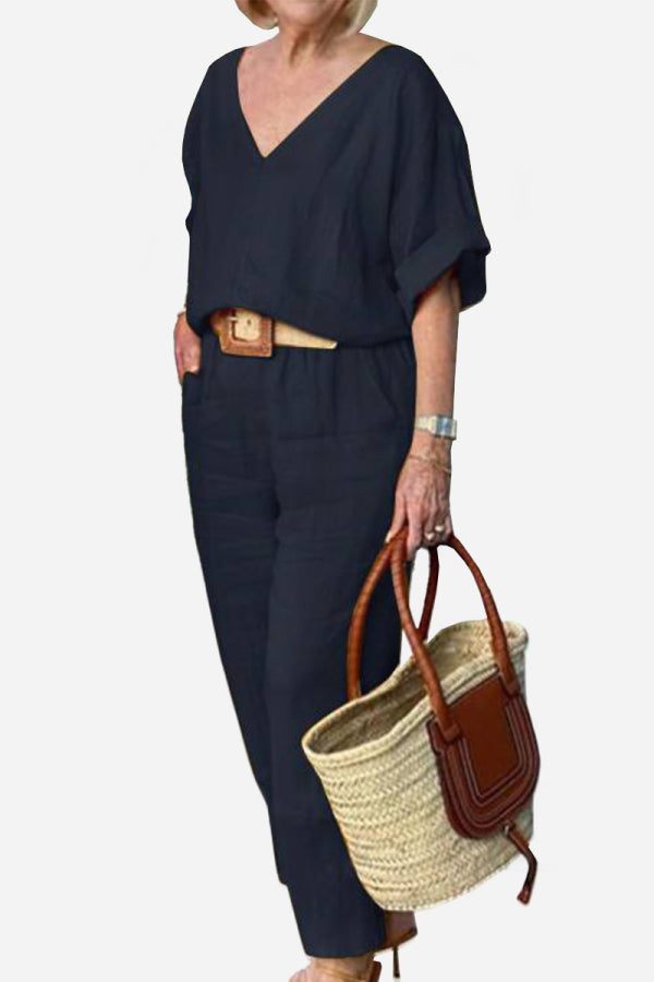 Women's V-Neck Top & Straight Pants Set