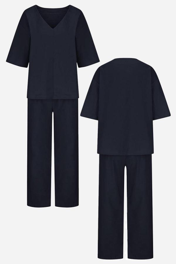 Women's V-Neck Top & Straight Pants Set