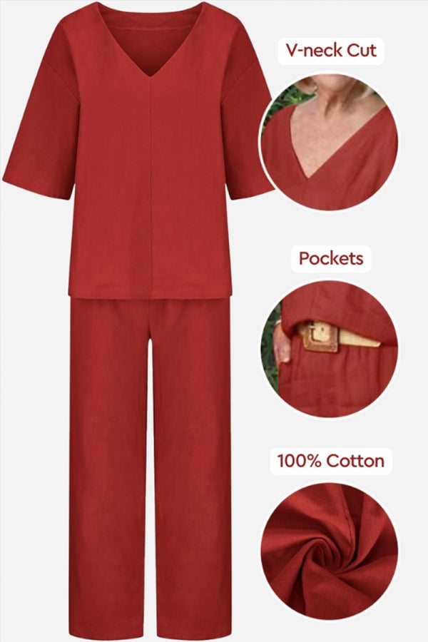 Women's V-Neck Top & Straight Pants Set