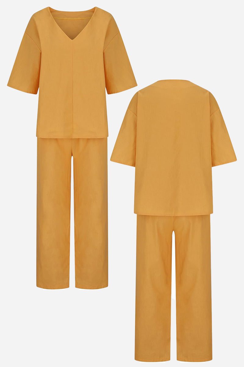 Women's V-Neck Top & Straight Pants Set