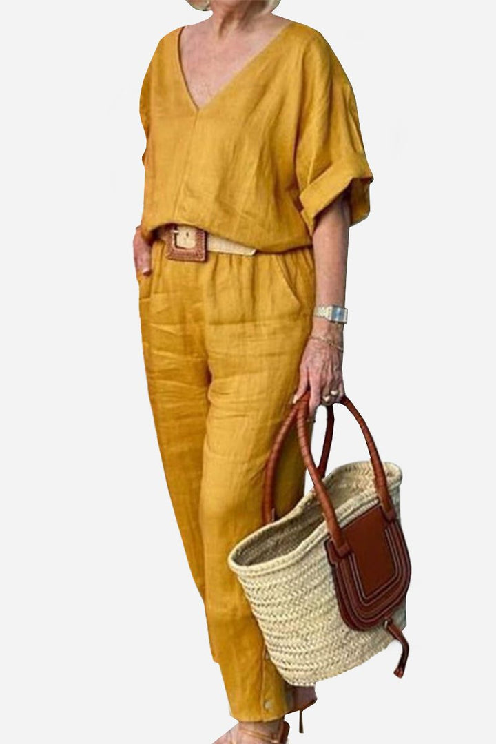 Women's V-Neck Top & Straight Pants Set