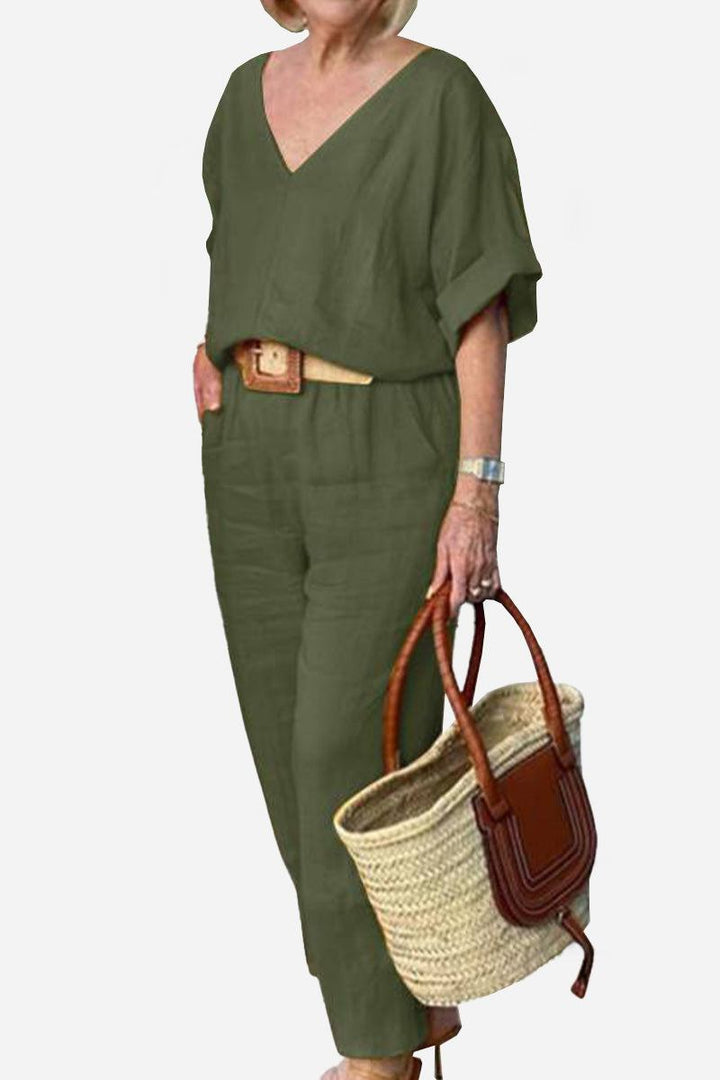 Women's V-Neck Top & Straight Pants Set