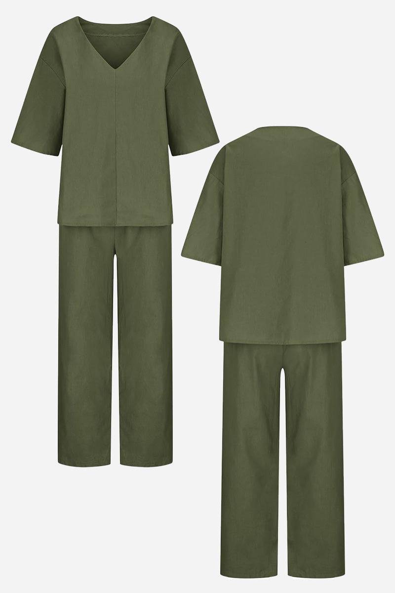 Women's V-Neck Top & Straight Pants Set