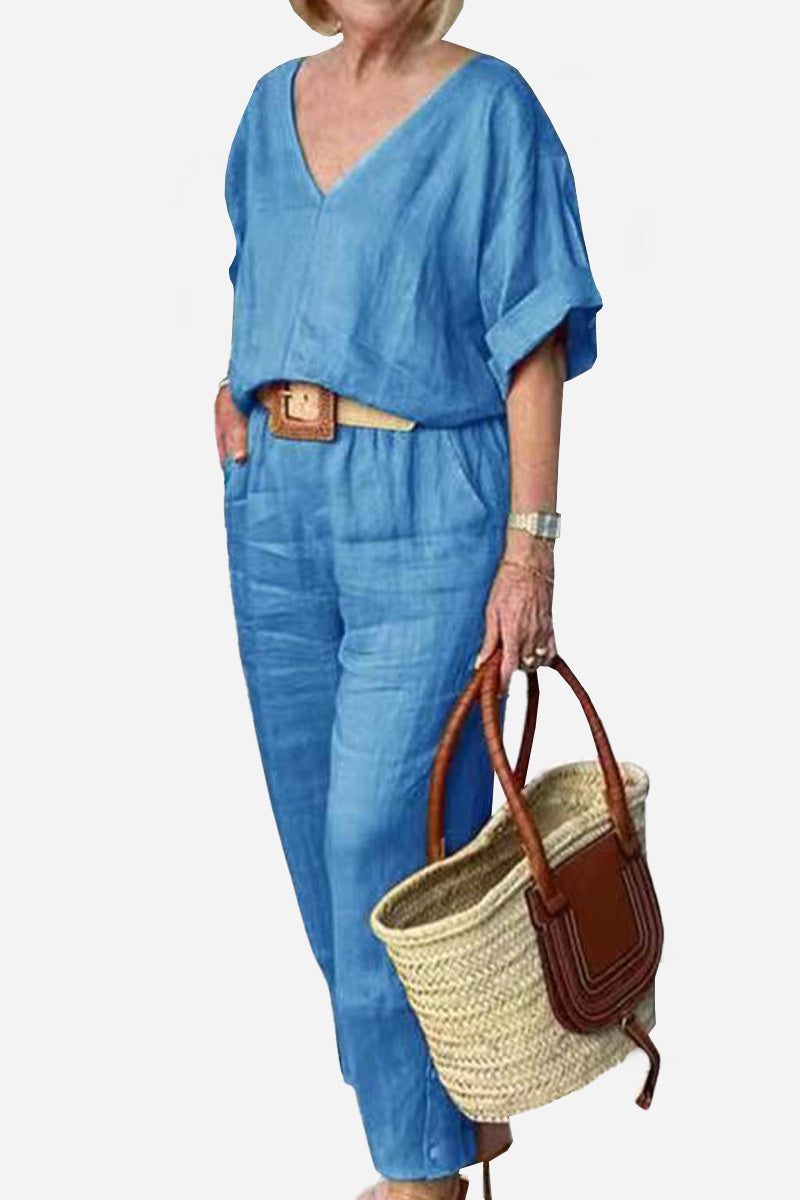 Women's V-Neck Top & Straight Pants Set