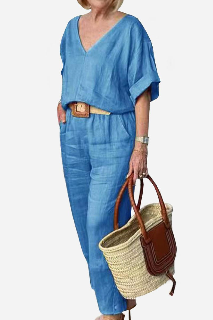 Women's V-Neck Top & Straight Pants Set