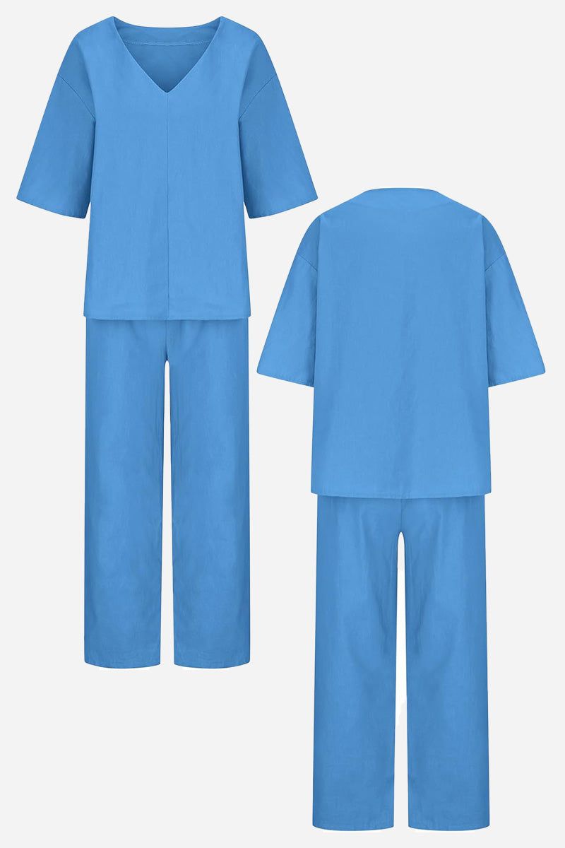 Women's V-Neck Top & Straight Pants Set