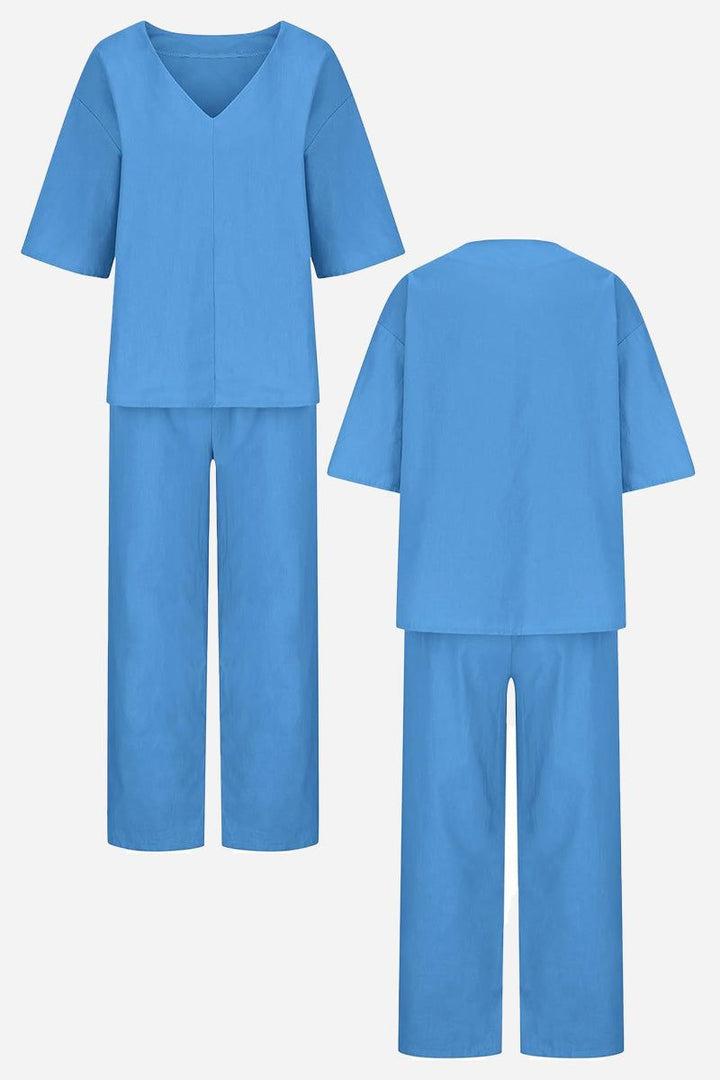 Women's V-Neck Top & Straight Pants Set