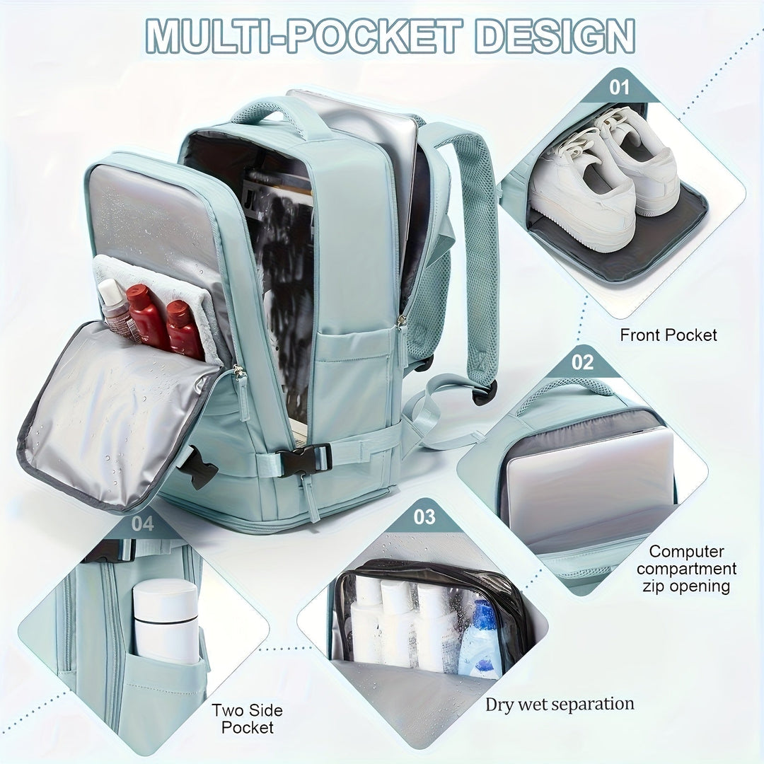 Unisex gym bag and travel backpack with separate shoe compartment and waterproof sections, keeping gear dry.