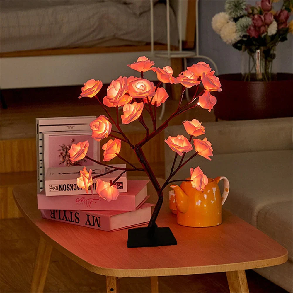 Energy-efficient LED rose tree lamp. Warm white light for ambient home decor & lighting.