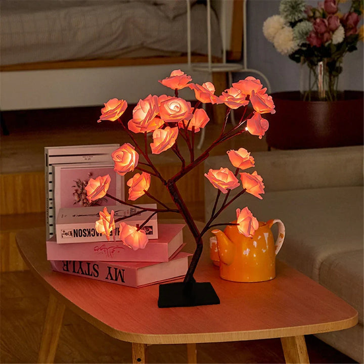 Energy-efficient LED rose tree lamp. Warm white light for ambient home decor & lighting.