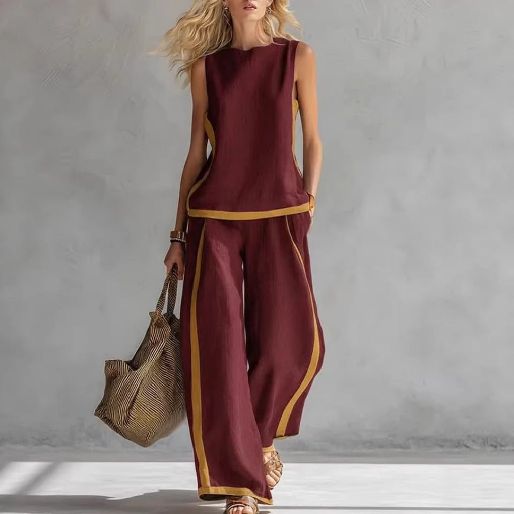 Fashionable women's sleeveless top and wide leg pants two-piece set. An effortless and chic summer outfit.