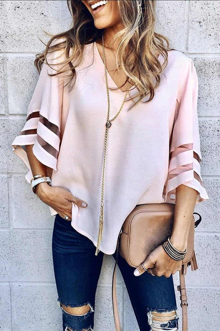 Women's Mesh Panel Bell Sleeve Top