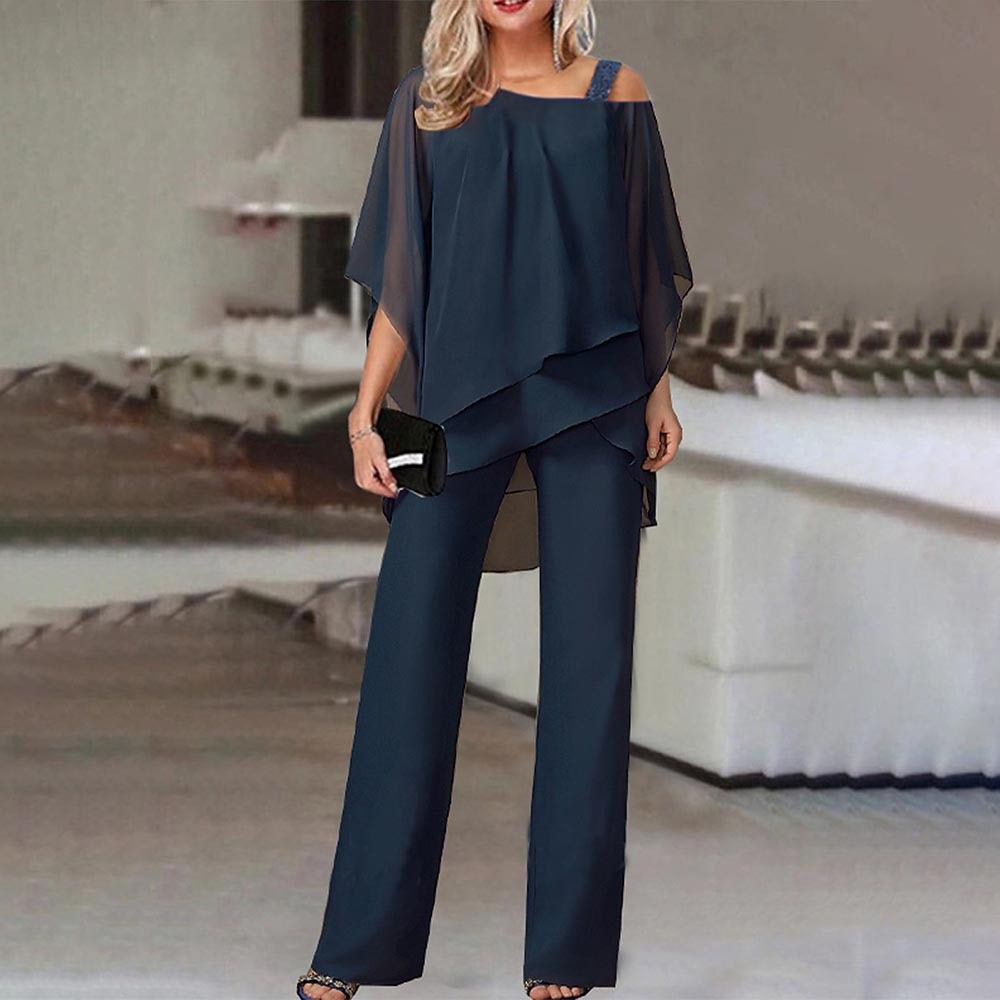 Stylish women's elegant two-piece set with cold-shoulder detail, perfect for modern casual wear.