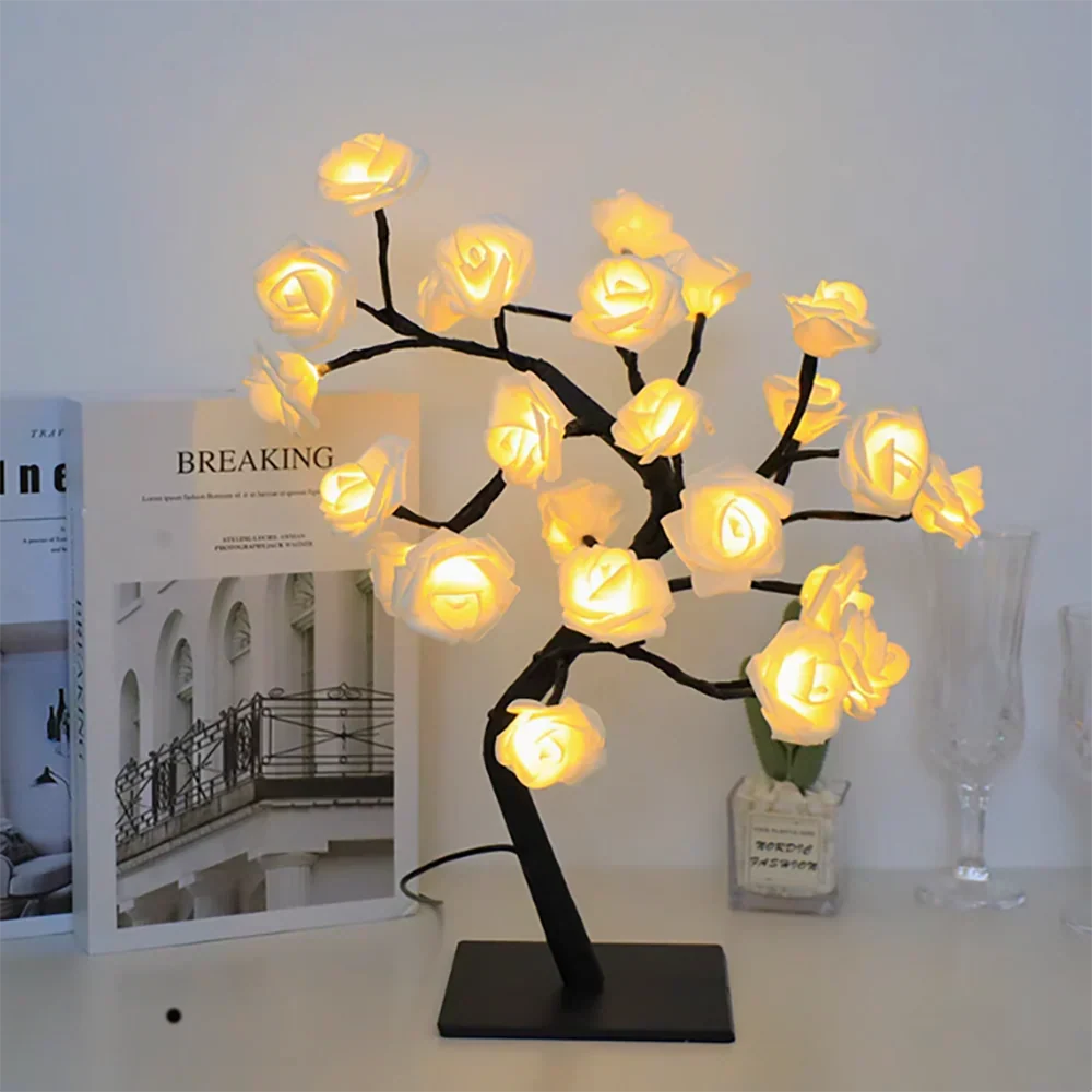 Unique LED rose blossom bonsai tree lamp with a captivating warm white glow. Decorative.