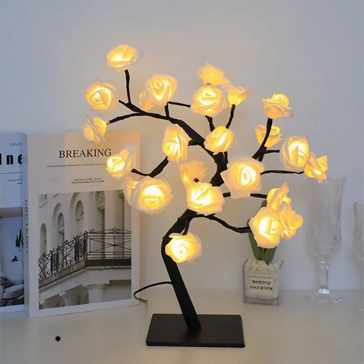Unique LED rose blossom bonsai tree lamp with a captivating warm white glow. Decorative.