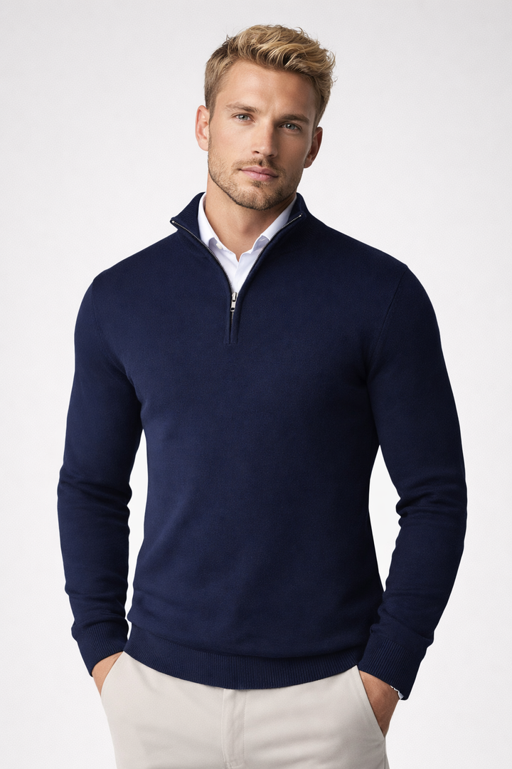 Layering essential: men's stylish half zip high neck sweater. Comfortable & modern for diverse fashion.