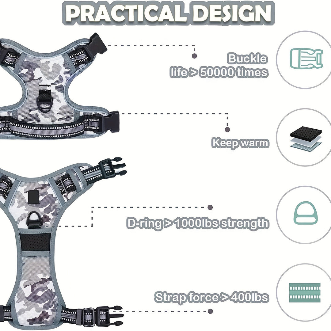 High-visibility reflective dog harness for enhanced safety during evening walks.