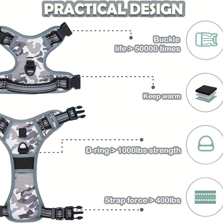 High-visibility reflective dog harness for enhanced safety during evening walks.