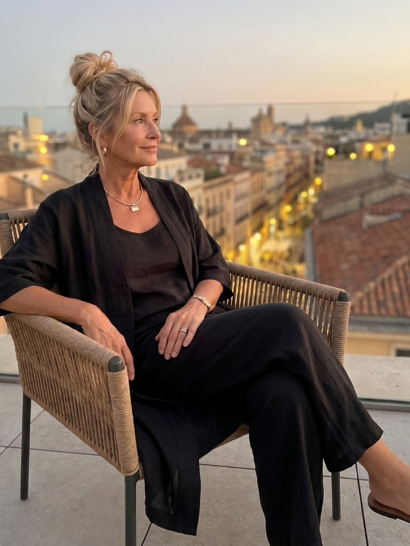 Front view of women's three-piece matching set, highlighting the relaxed fit top, cardigan, and wide-leg pants.