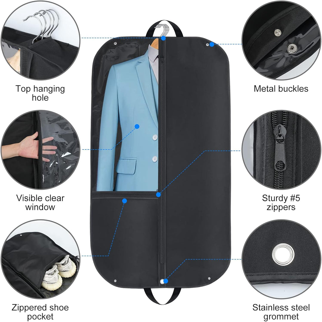 Spacious 43" dress bag with accessory pouch, designed for secure and waterproof clothing protection.