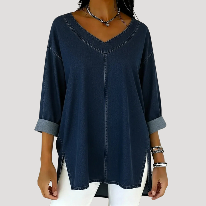 Versatile women's V-neck tunic top, a comfortable and long top for effortless everyday style & casual wear.