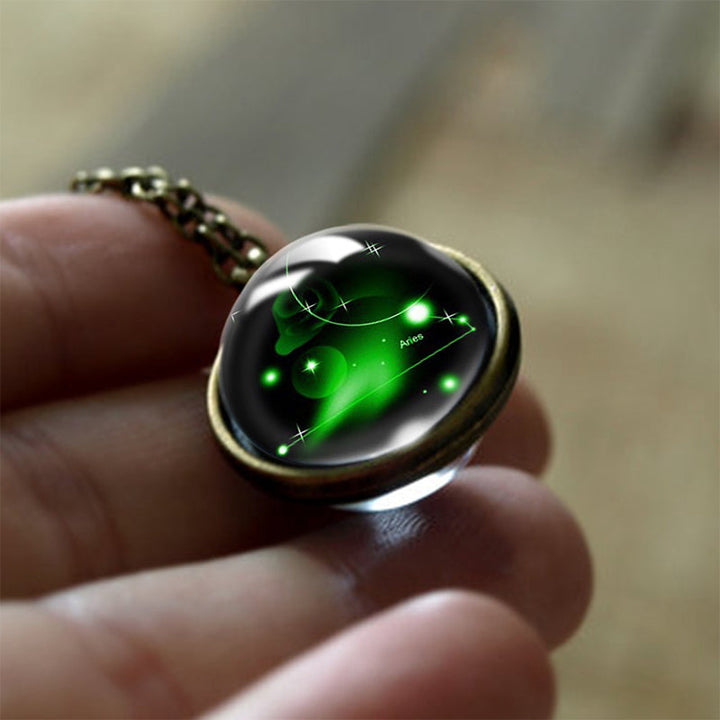 Celestial astrology necklace for women, round glass pendant with zodiac sign for protection.