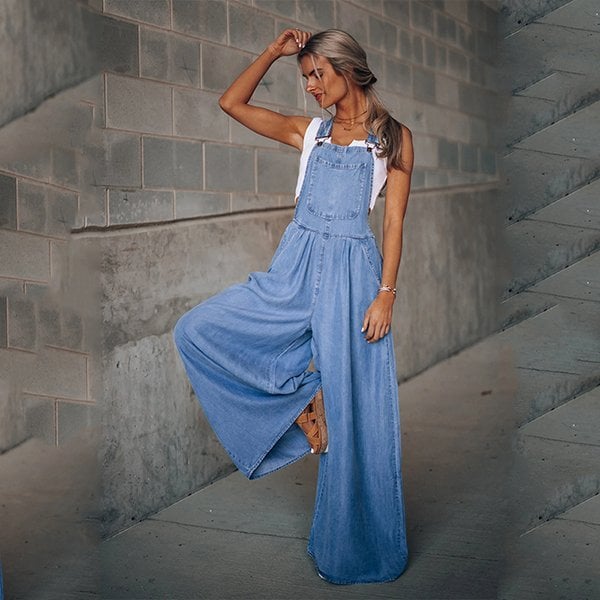 Women's Wide-Leg Denim Dungaree Jumpsuit