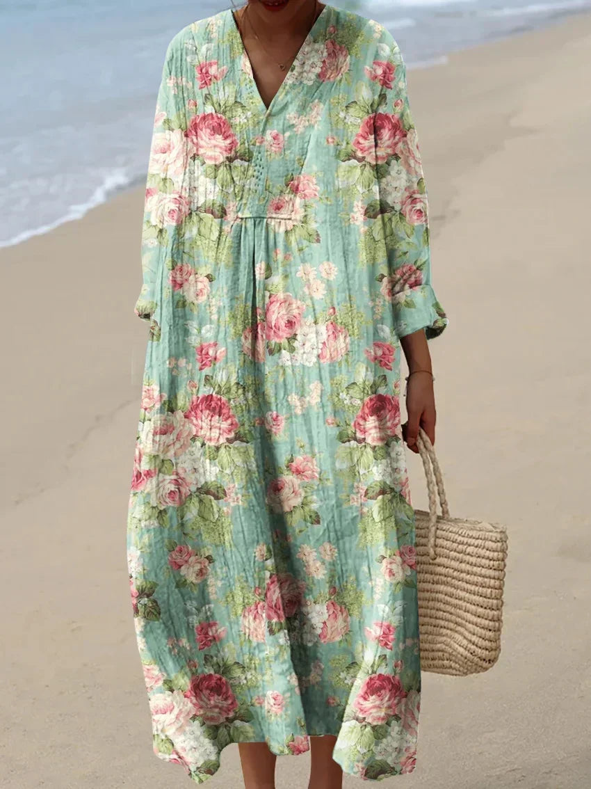 Elegant women's floral rose print midi dress, perfect for summer, spring, or special occasions, offering feminine comfort.
