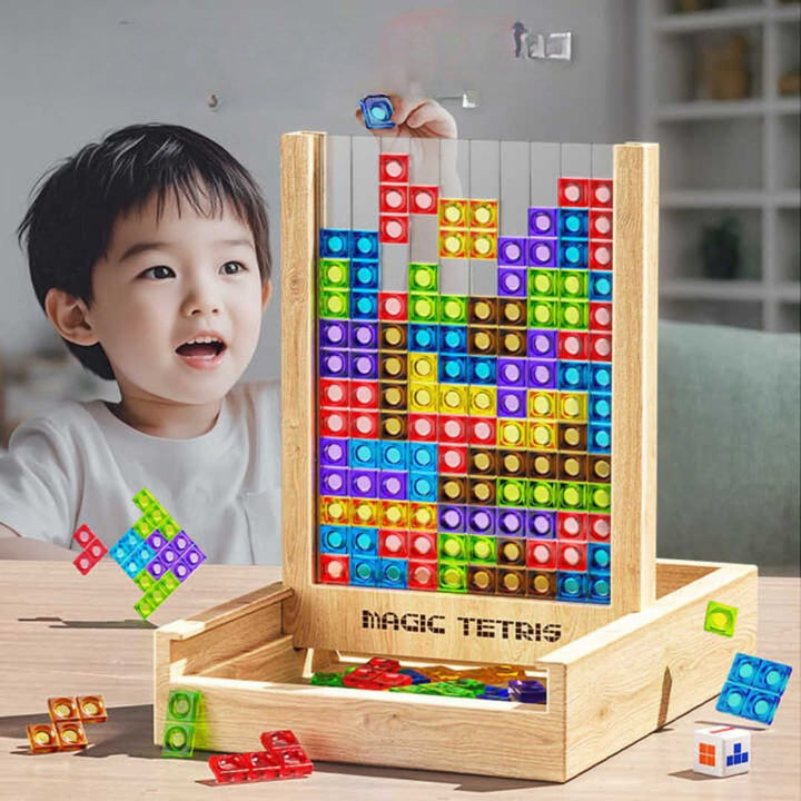 Educational EcoBlock Tetris wooden board game, sustainable puzzle for brain training & family strategy fun.