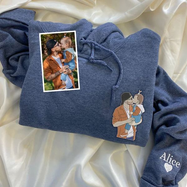 Dad's personalized photo hoodie. Custom embroidered unisex apparel, a unique Father's Day present.