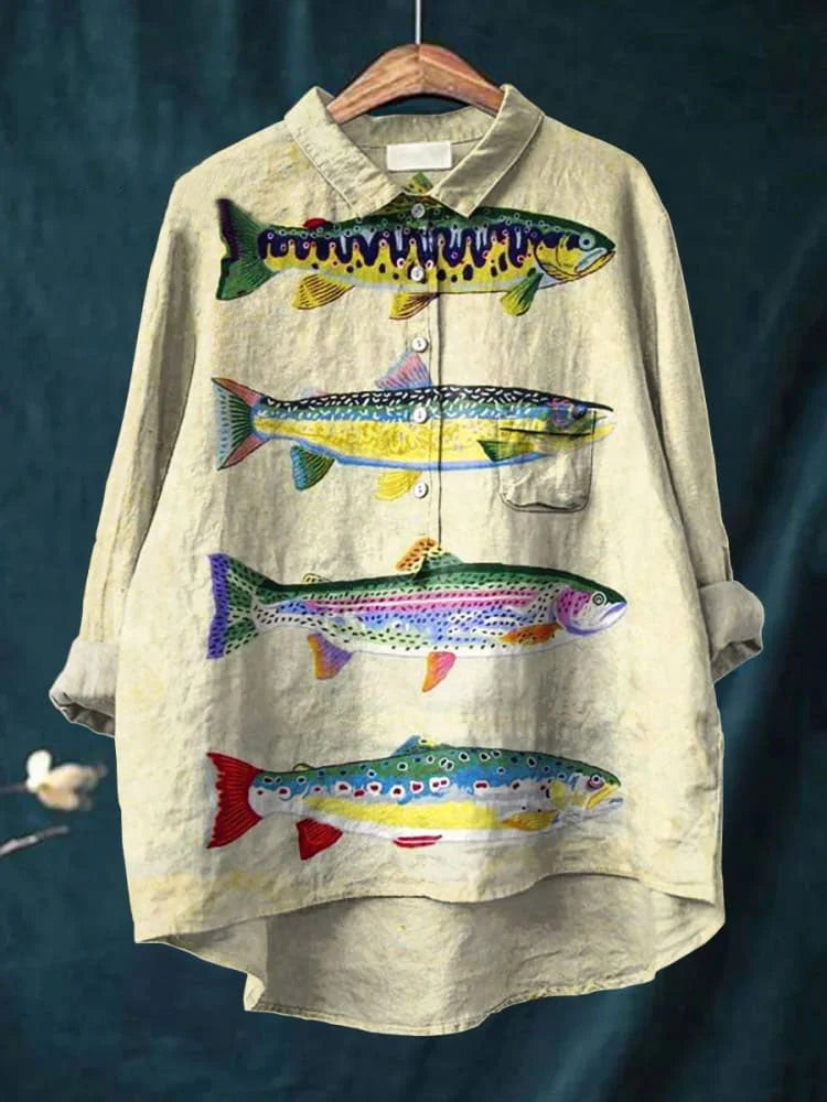 Artistic men's long sleeve shirt with a vibrant playful fish art print, a unique casual patterned top.