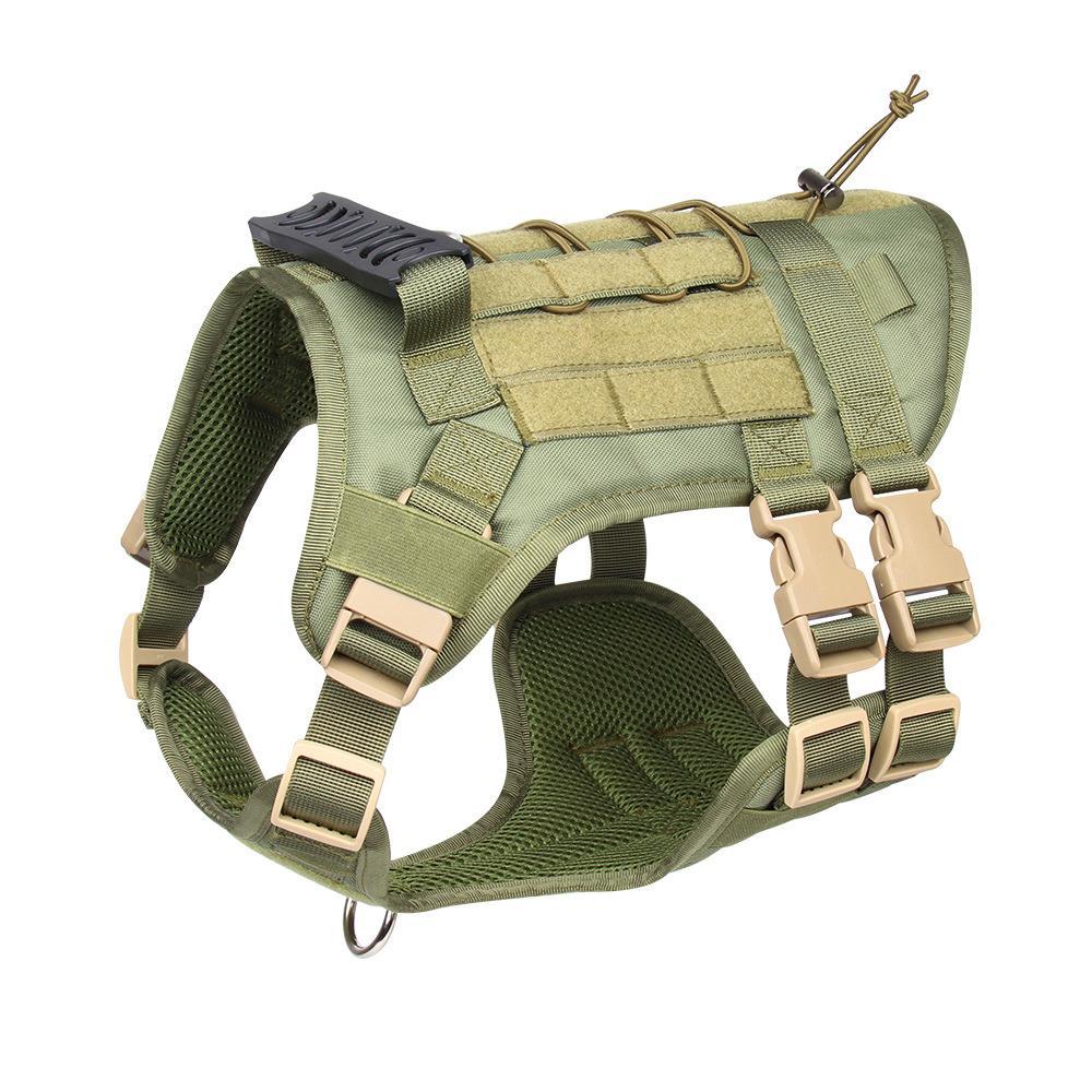 Active large dog in a tactical pet harness, ideal for hiking, adventures, and everyday reliable walking.
