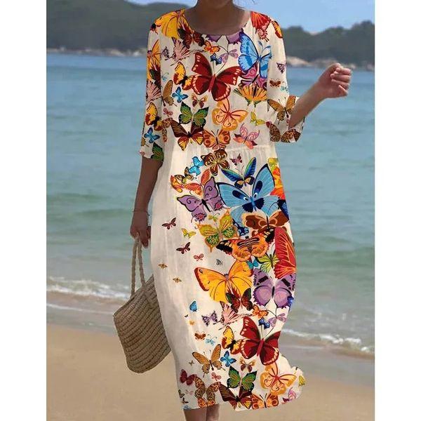 Full length shot of a woman wearing an elegant floral tummy control midi dress, flattering fit.