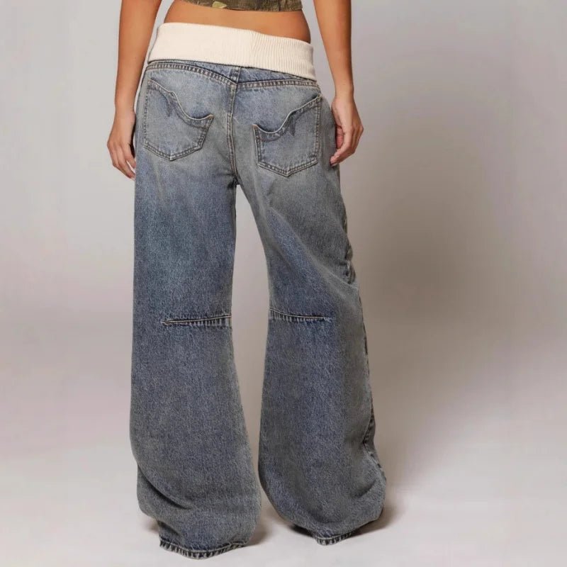 Woman wearing casual vintage washed wide leg patchwork jeans. Light wash, comfortable fit for everyday style.