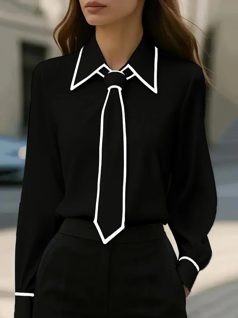 Classic women's elegant blouse featuring a contrast tie-neck design. Long sleeve work blouse for refined office wear.