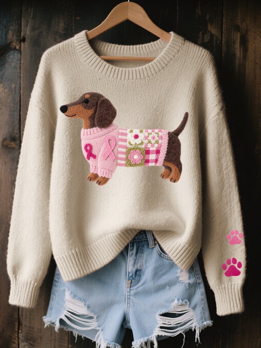 Playful women's dog lover knitted sweater, featuring an adorable dachshund and paw prints. Cozy & charming winter top.