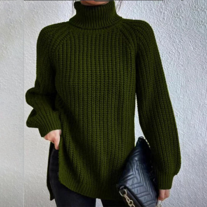 Women's fall fashion turtleneck sweater with split hem. Cozy long sleeve pullover for everyday style.