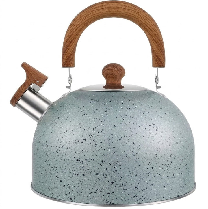 Whistling kitchen kettle in stainless steel, with an ergonomic handle. Great for hot water, tea, or coffee.