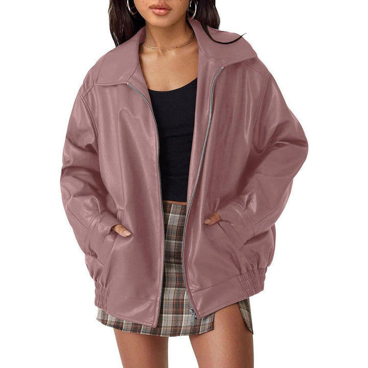 Effortless women's zip-up leather bomber jacket with a relaxed, oversized fit for fall fashion.