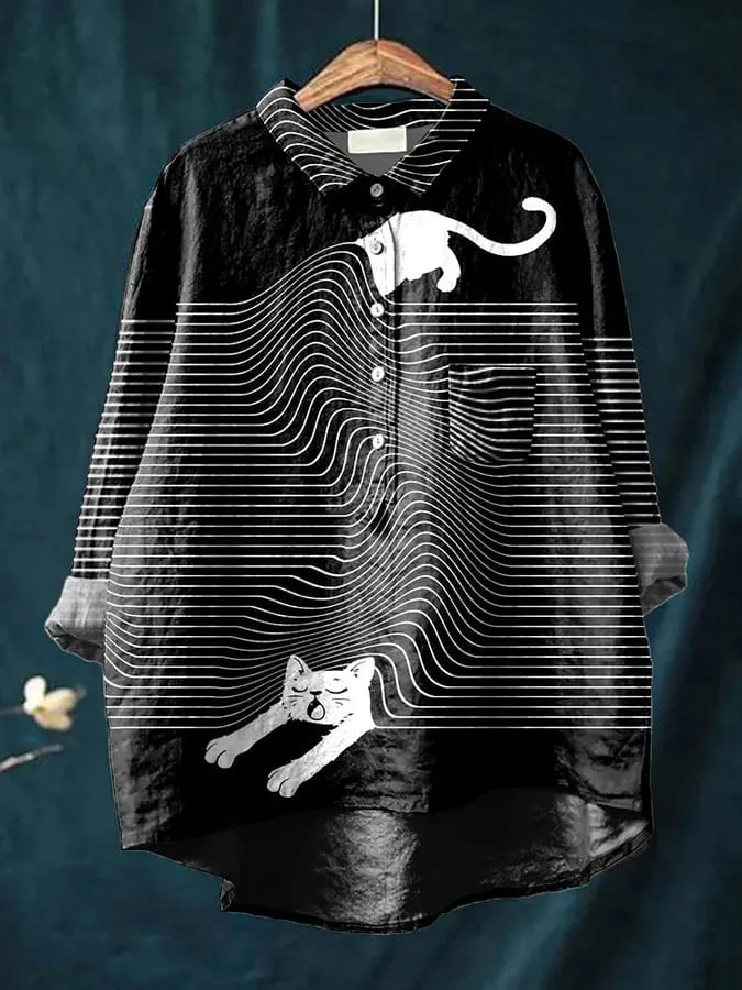 Men's expressive fashion shirt with an artistic, whimsical dog and cat animal print, long sleeve.