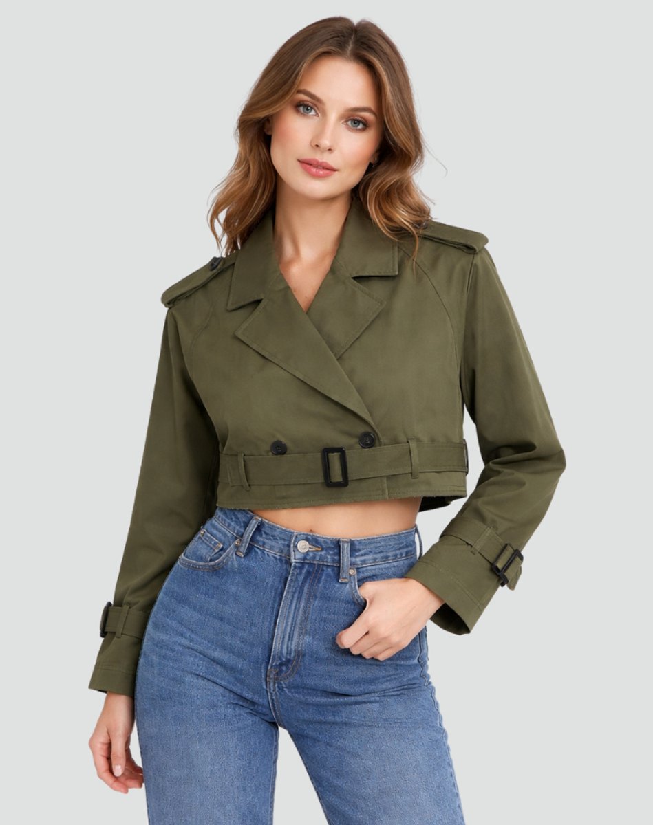 Women's belted cropped trench coat, double-breasted. Elegant tailored jacket for modern style.