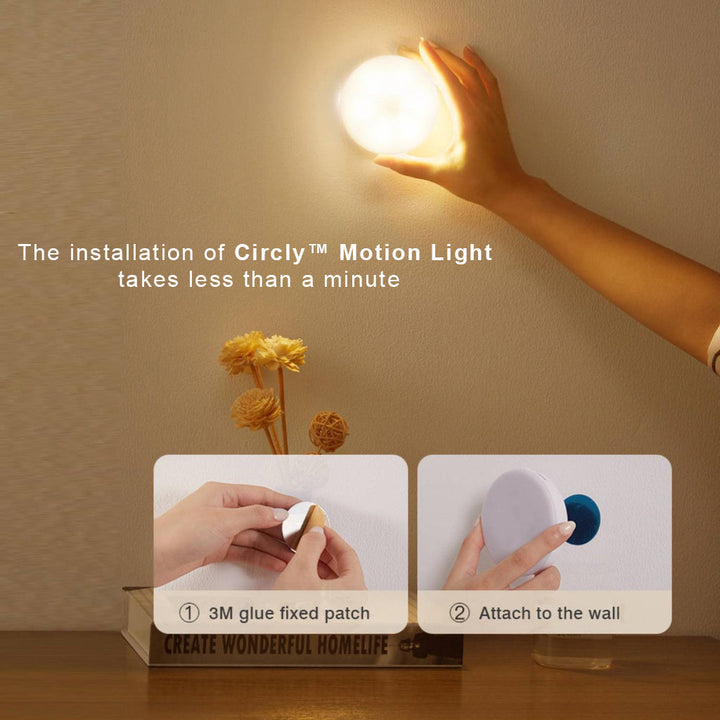 Battery-powered wireless motion sensor night light with magnetic strip for quick, tool-free cabinet lighting.