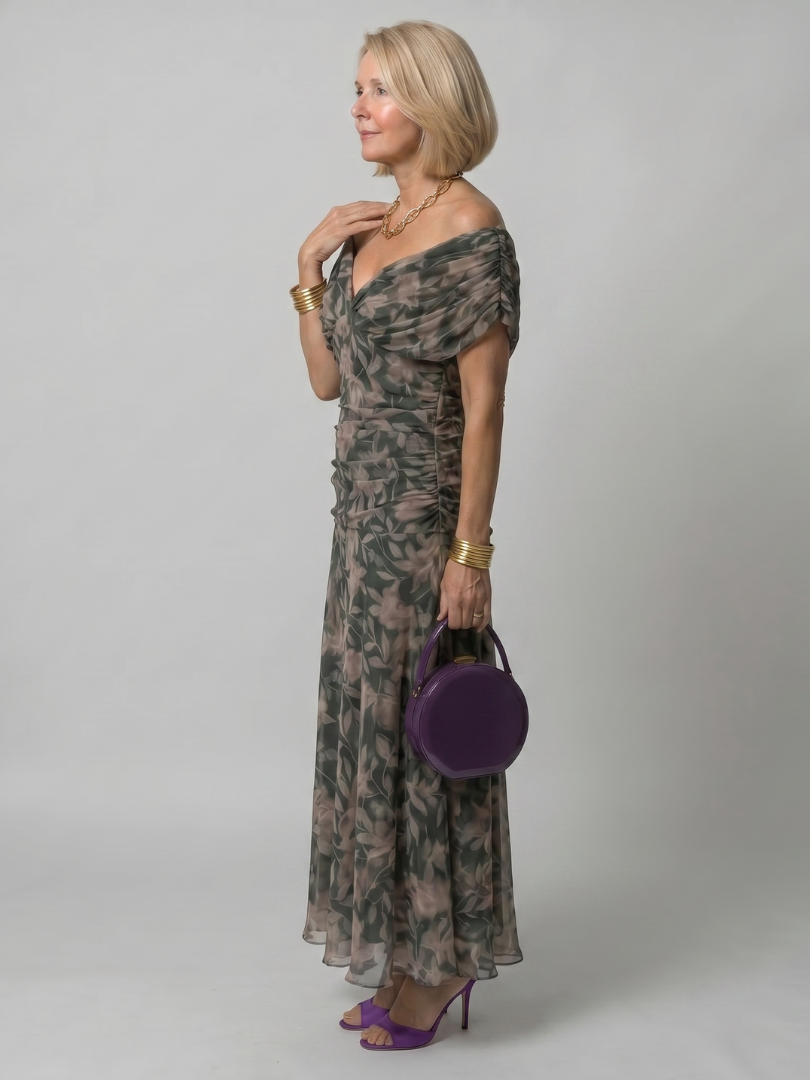 Women's comfortable midi dress, off-shoulder style, featuring a beautiful draped neckline.