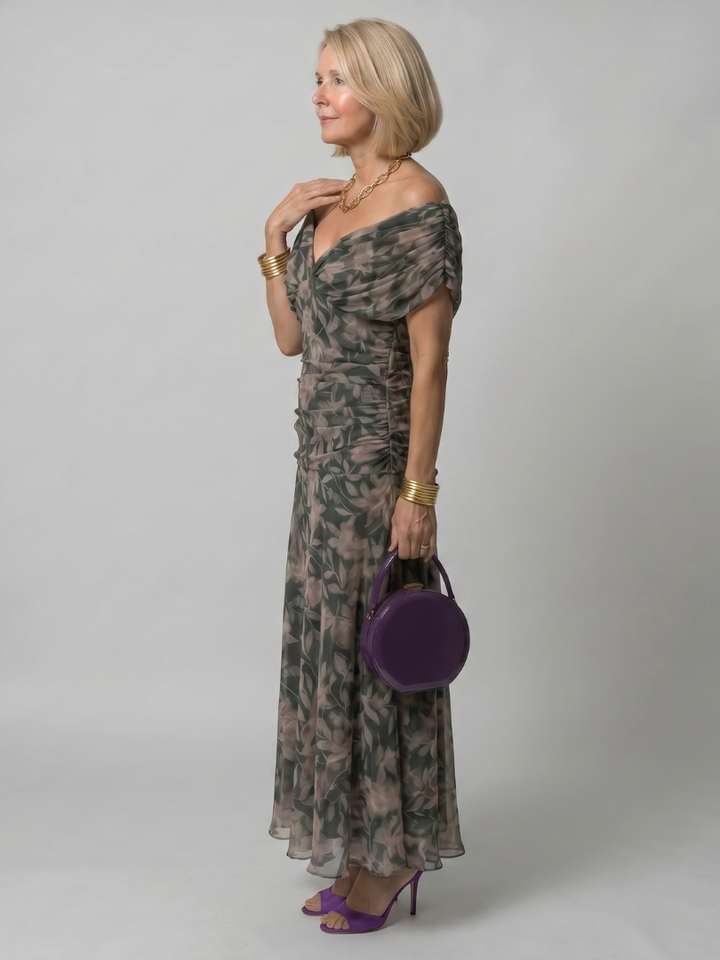 Women's comfortable midi dress, off-shoulder style, featuring a beautiful draped neckline.