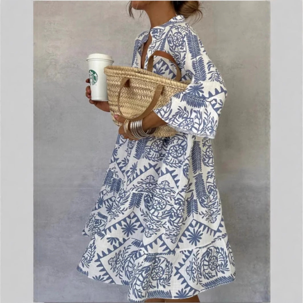 Women's floral print midi tunic dress, relaxed fit for comfortable casual wear. Perfect for spring & summer vacation.