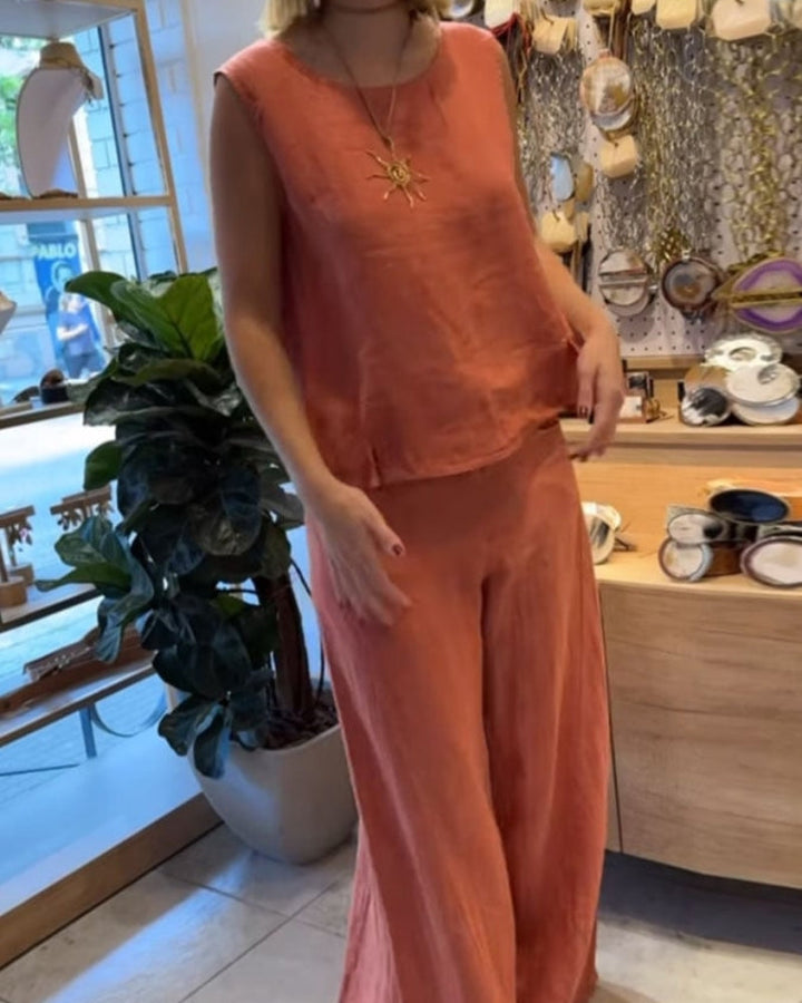 Cora | Women's 2 Piece Linen Sleeveless Top and Wide Leg Trousers