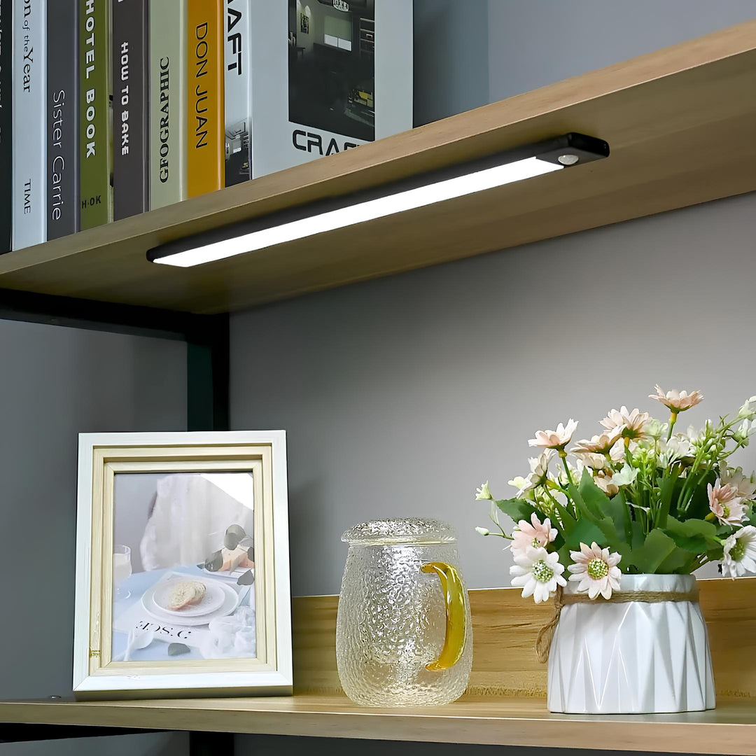 Closet LED light bar, motion activated, rechargeable USB, providing bright, wireless, easy-install lighting.