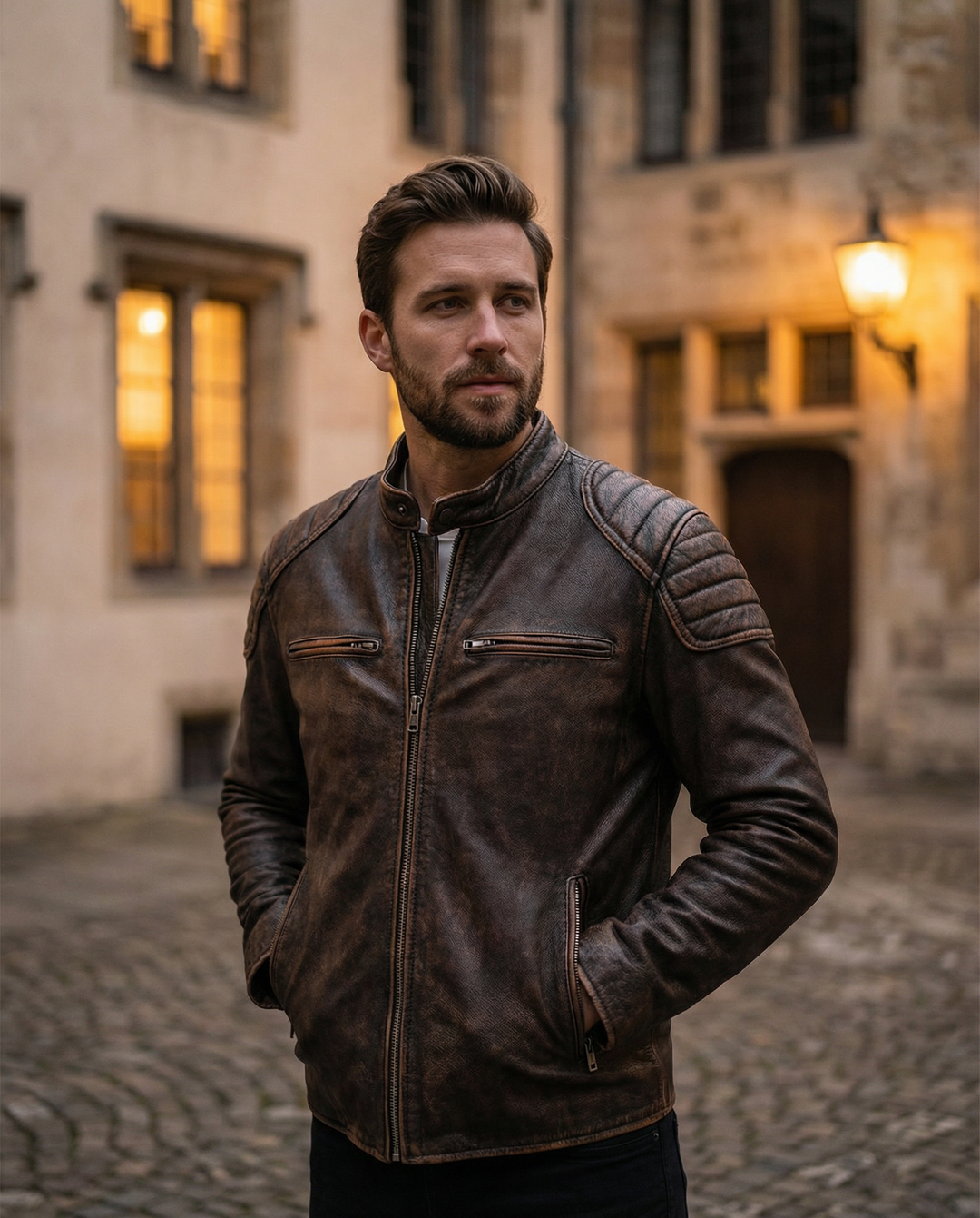 Men's distressed vintage black leather biker jacket, rugged style. Perfect for casual & urban streetwear.