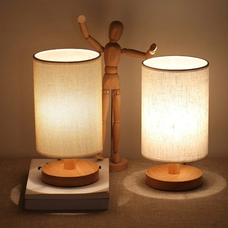 Organic Glow Dimmable Table Lamp with natural wood base & fabric shade. Modern Nvroome LED light for home decor.