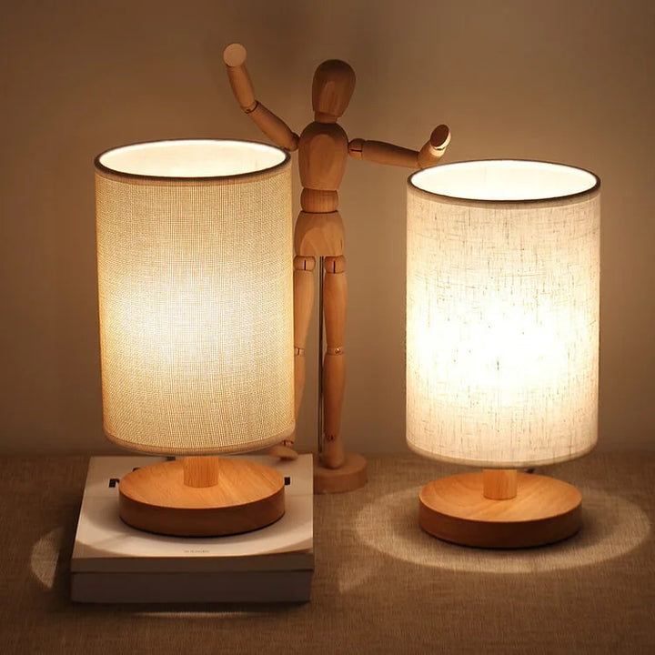 Organic Glow Dimmable Table Lamp with natural wood base & fabric shade. Modern Nvroome LED light for home decor.